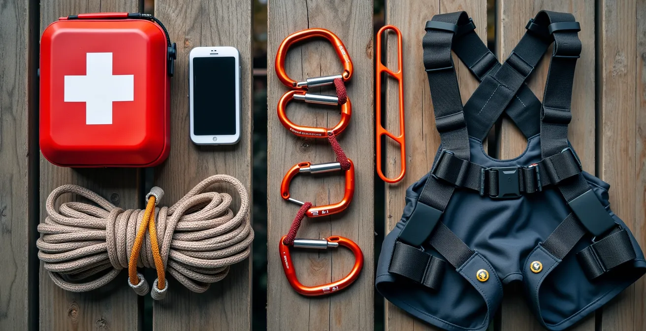 Close-up of professional climbing gear laid out systematically on weathered wooden surface