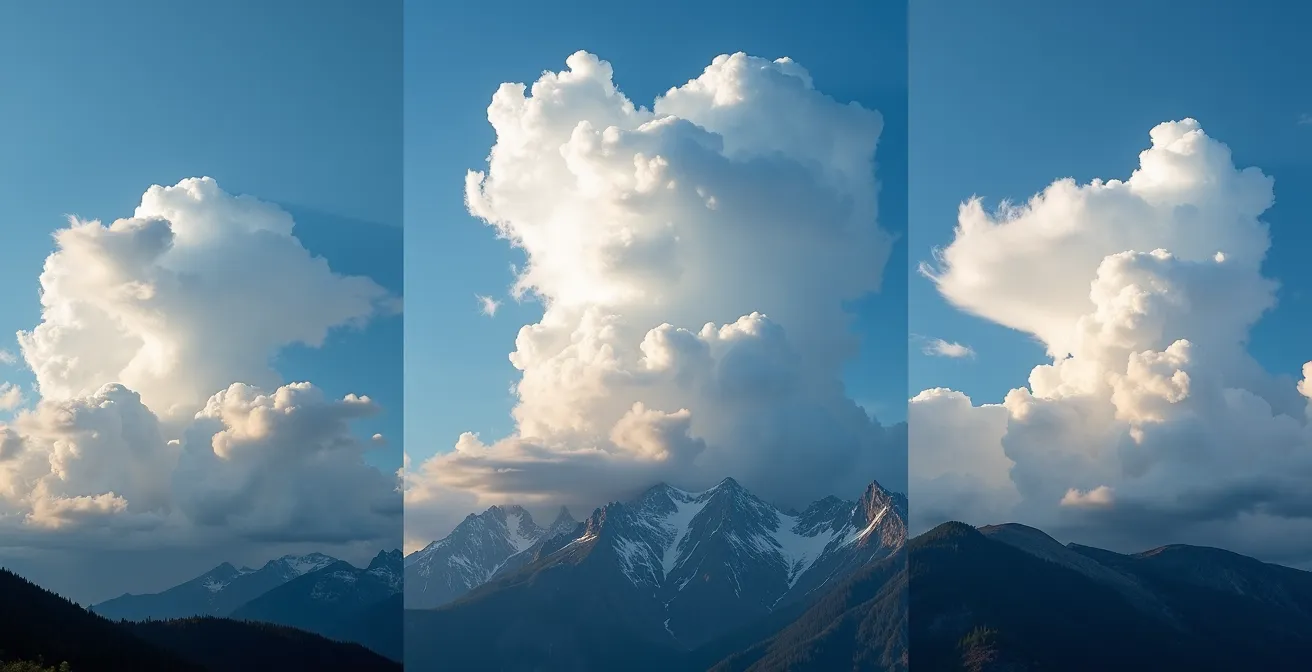 Time-lapse style composition showing three stages of thunderstorm cloud development over mountain peaks