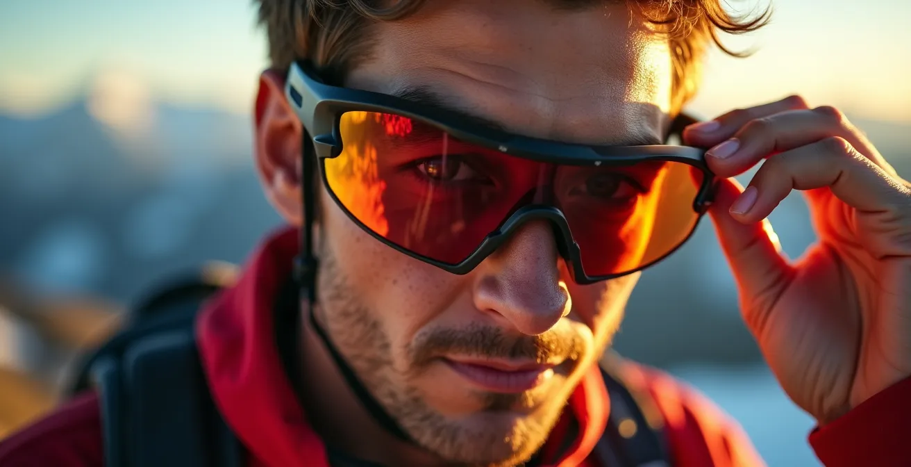 Runner adjusting sunglasses on exposed alpine ridge with dramatic sky