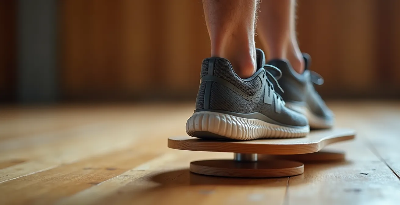 Close-up of athlete's foot balancing on wobble board during proprioceptive training