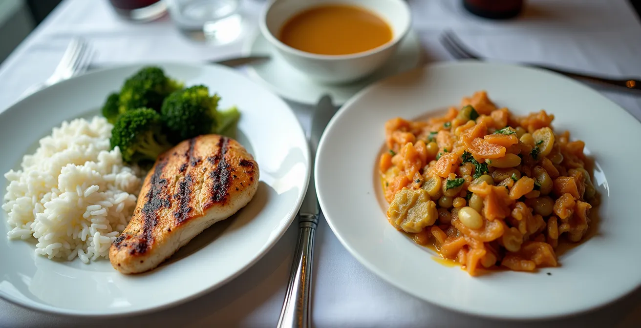 Overhead view of resort buffet plates showing macro-friendly versus composite dishes