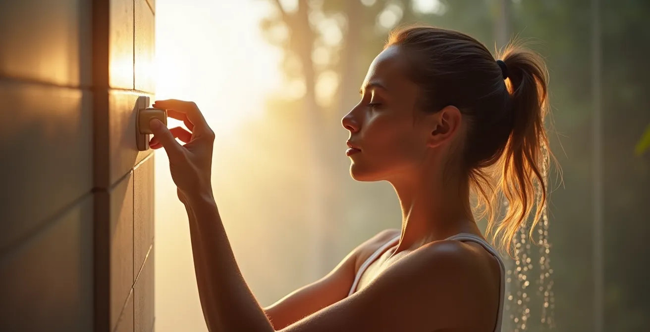 An athlete in a modern shower, adjusting the temperature as part of an evening cool-down recovery protocol.