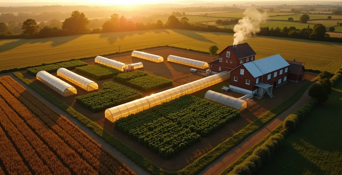 Aerial perspective of working farm with visible gardens and livestock areas