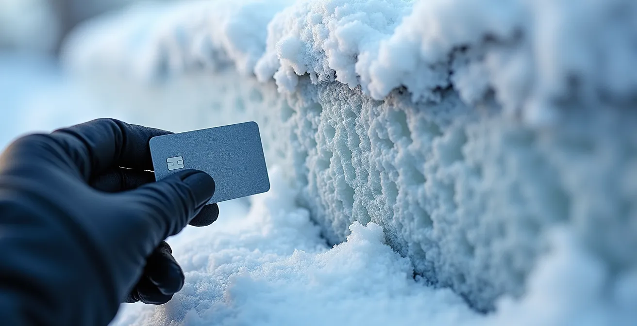 Close-up macro view of dangerous snowpack layers showing instability signs