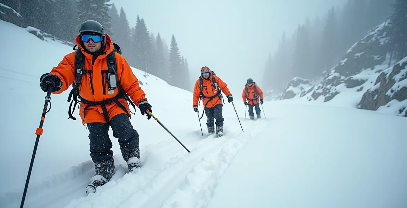 Backcountry skiers practicing avalanche beacon search in realistic terrain