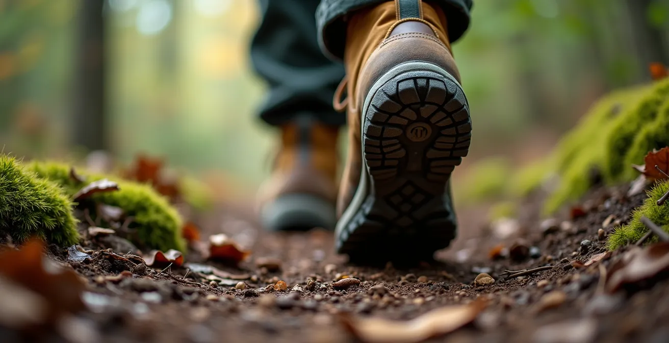 Close-up of hiking boots on a forest trail showing the bilateral movement pattern of walking