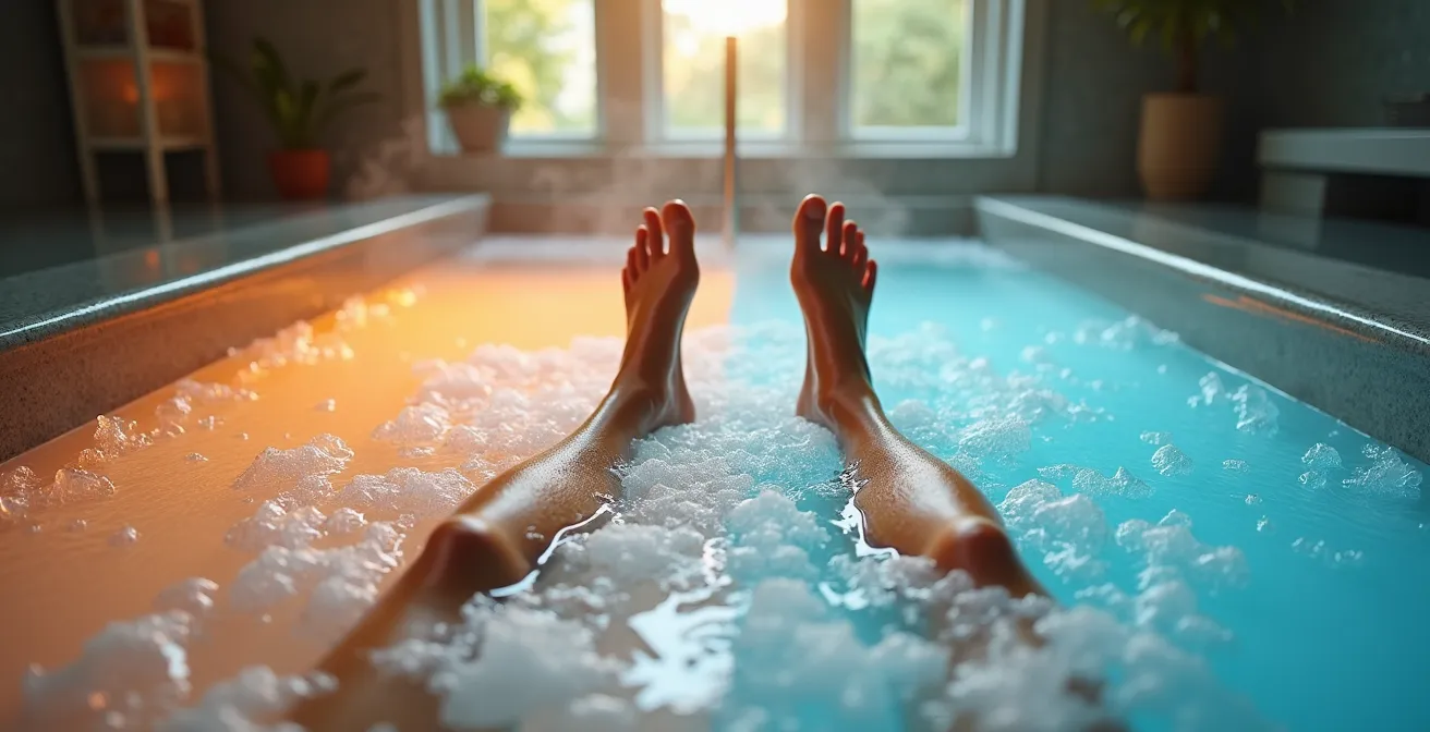 Split scene showing blood vessel dilation in heat versus constriction in cold therapy