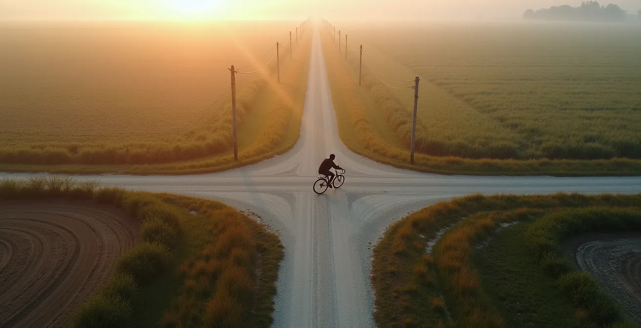 Aerial view of a cyclist at a junction where a paved road meets a hidden gravel connector path through fields.