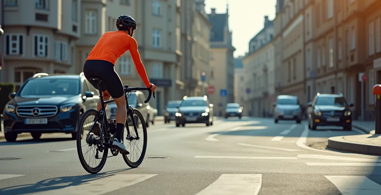 Cyclist safely navigating a European roundabout with proper positioning
