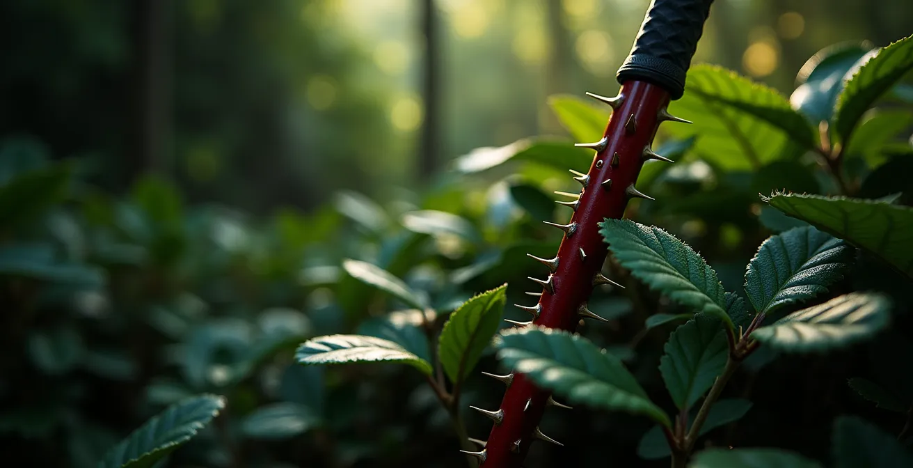 Close-up view of thorny vines and toxic plant characteristics in jungle setting