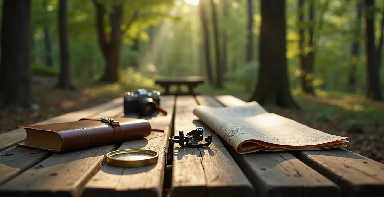 Peaceful outdoor scene with analog items replacing digital devices