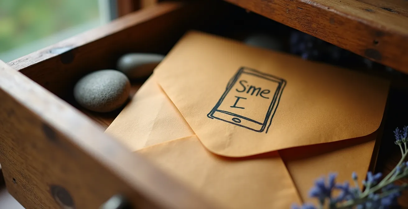 Smartphone sealed in envelope placed in wooden drawer with natural elements