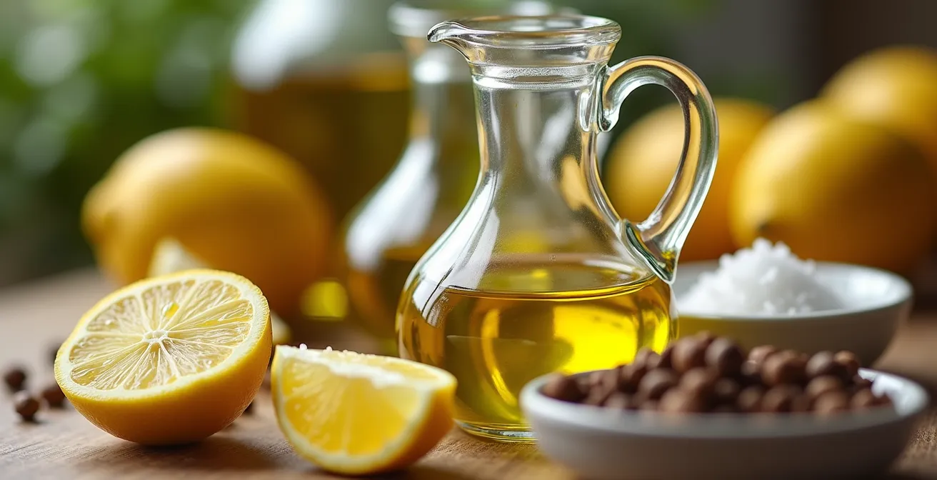 Close-up of olive oil cruet and fresh lemon wedges at buffet station