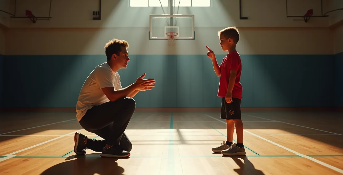 A coach kneels at eye level with a young athlete, engaged in a thoughtful and supportive conversation on a gym floor.