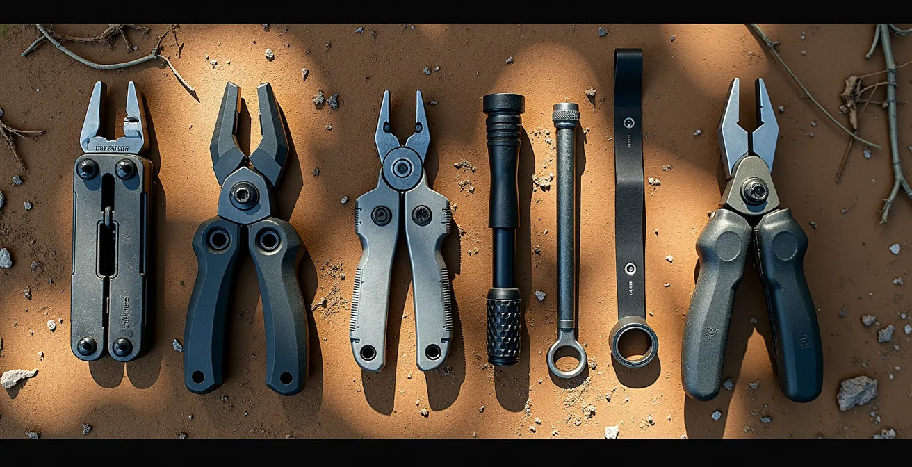 Overhead view of essential trail repair tools arranged on natural ground