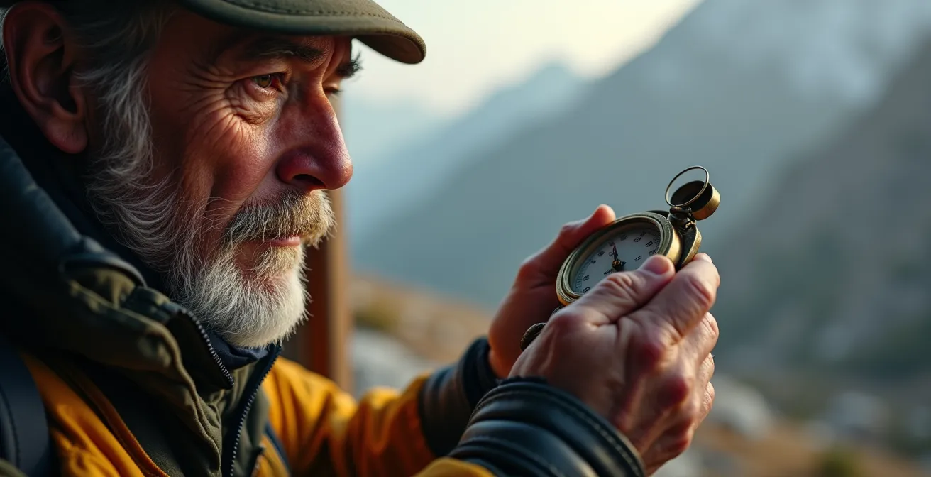 Professional adventure guide analyzing terrain and weather conditions in alpine environment