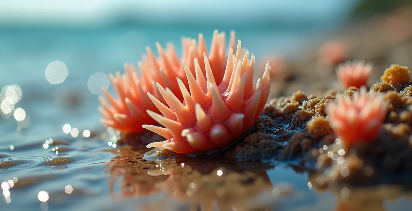 Low tide reef break showing exposed coral and water depth variations