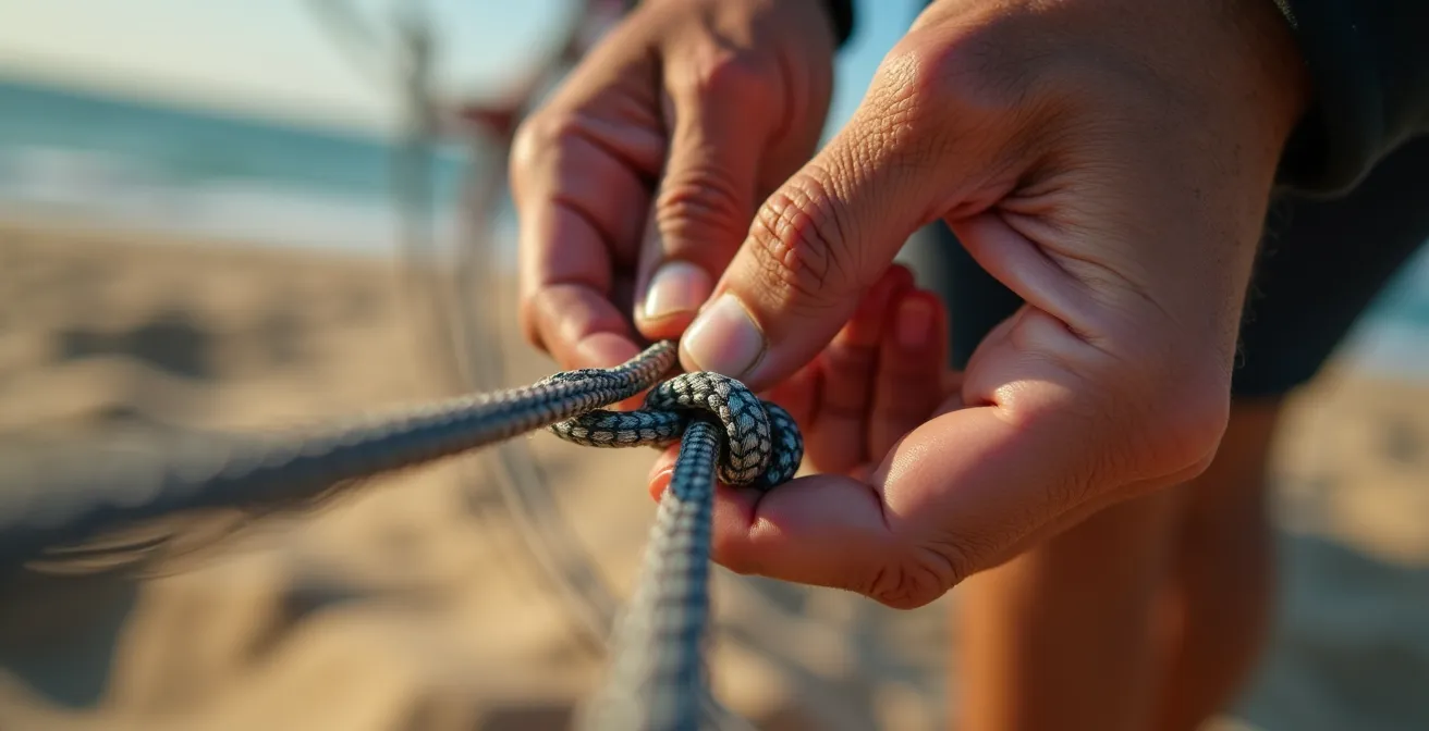 Macro view of hands performing tactile tension test on kitesurfing lines