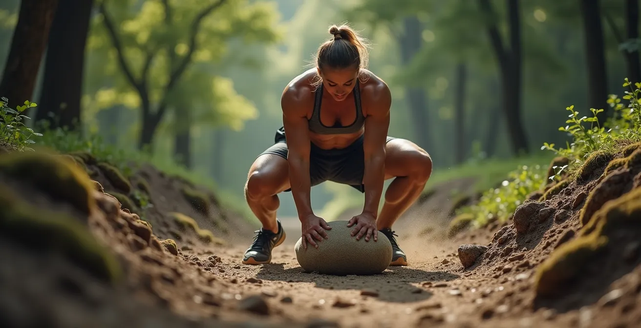 Athletic person performing a sandbag lift on uneven forest ground demonstrating multi-planar movement