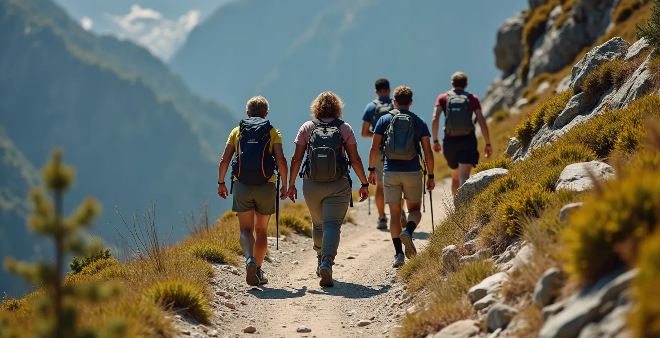 Disciplined group of hikers walking single file on a narrow mountain trail, demonstrating concentrated impact