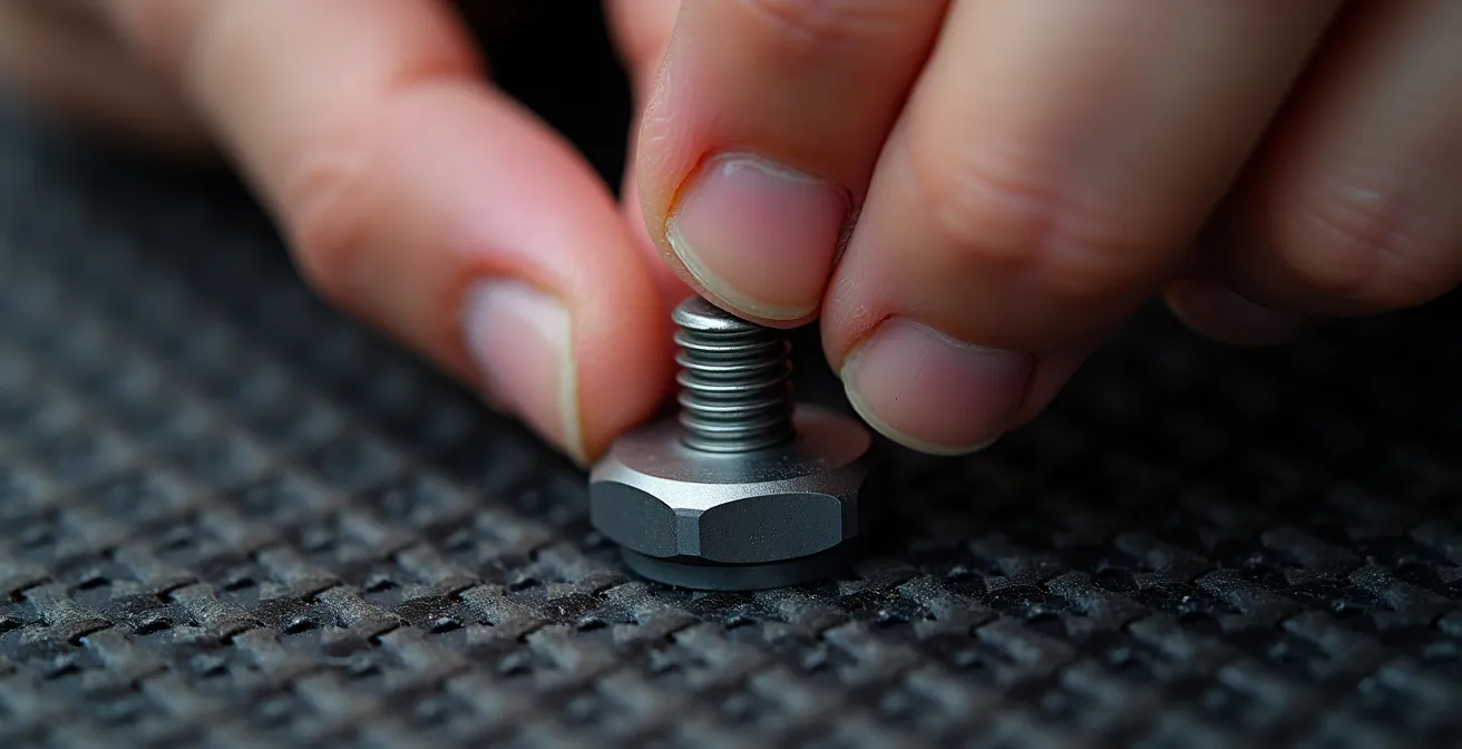 Extreme close-up of fingers gripping a bolt showing torque application technique