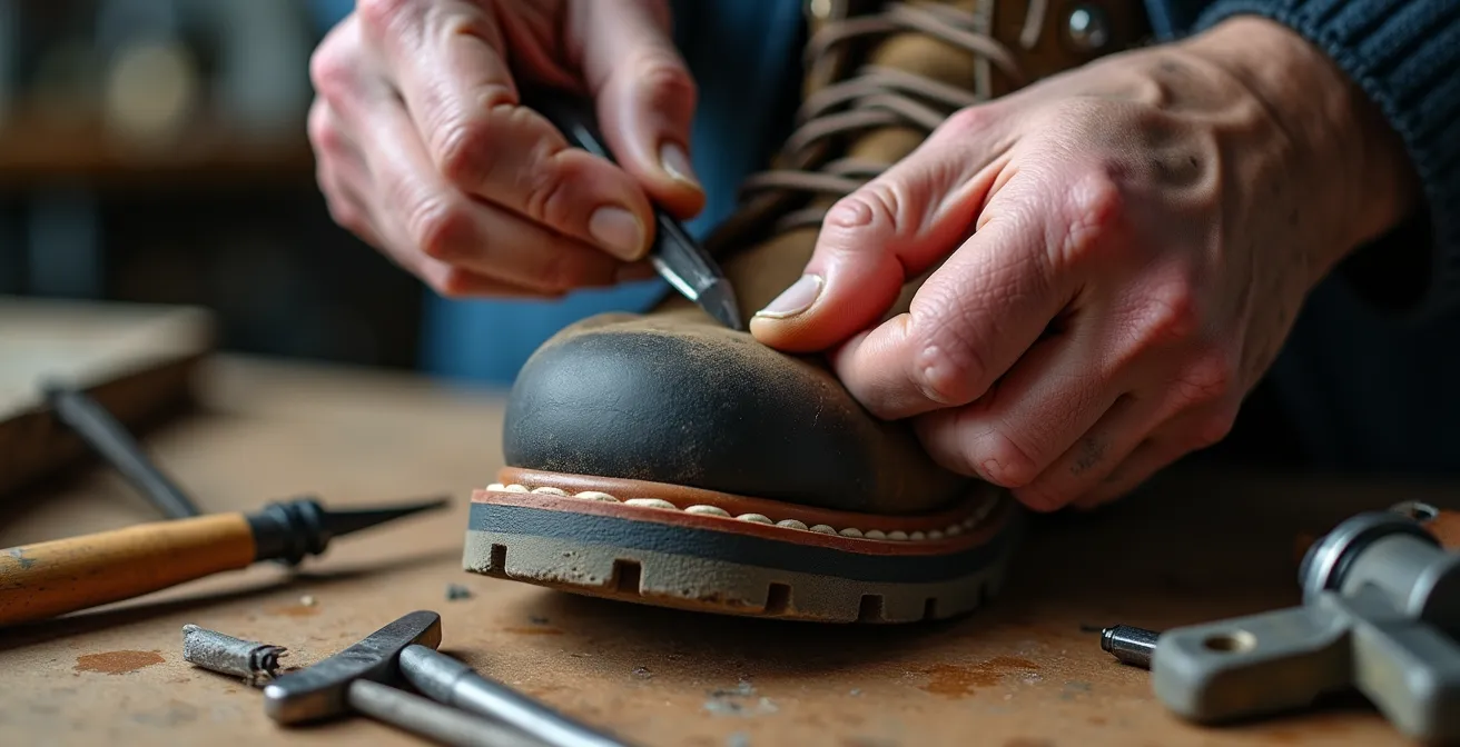 Close-up of hands applying professional adhesive to the sole of a worn hiking boot