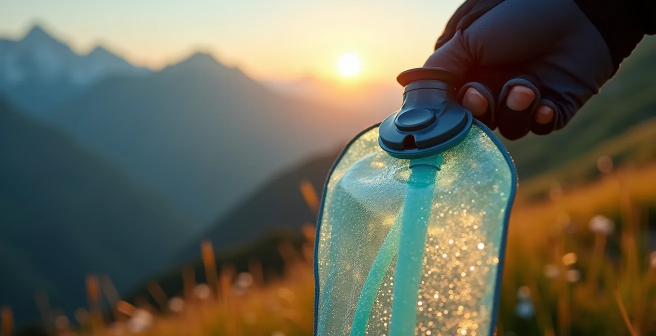 Close-up of water bottles and hydration system on alpine trail runner's vest