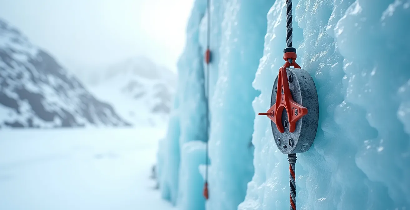 Multi-point equalized ice anchor system on frozen cliff face