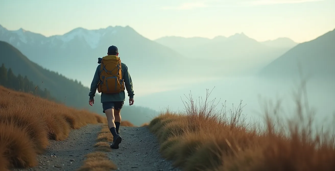 Hiker performing lunges with weighted backpack in outdoor training environment