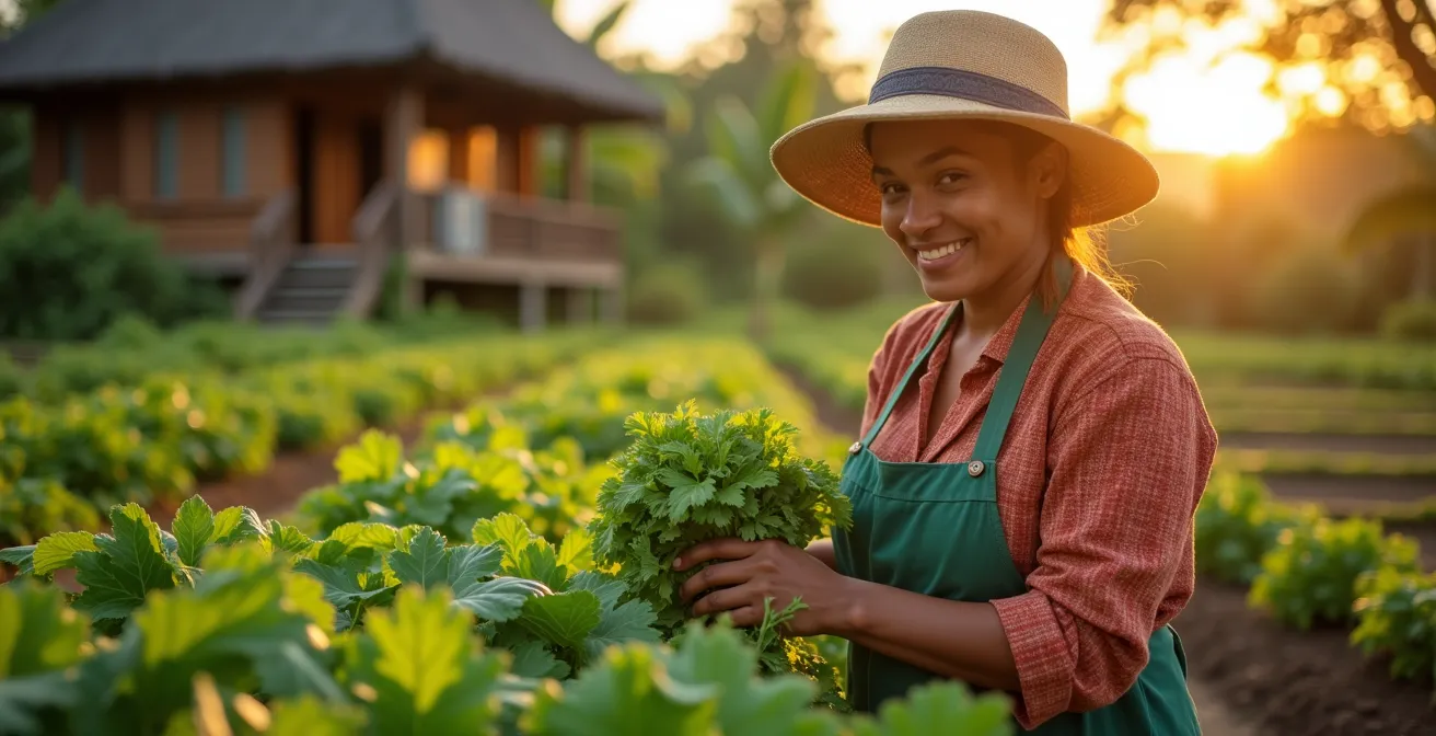Hotel staff member in traditional attire working in eco-lodge garden