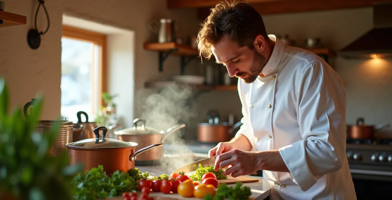 Private chef preparing customized gourmet meal in luxury chalet kitchen