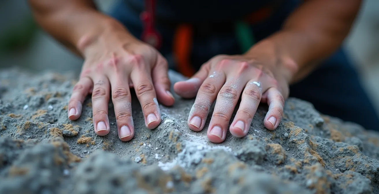Extreme close-up of climber's chalked hands gripping granite rock face showing commitment