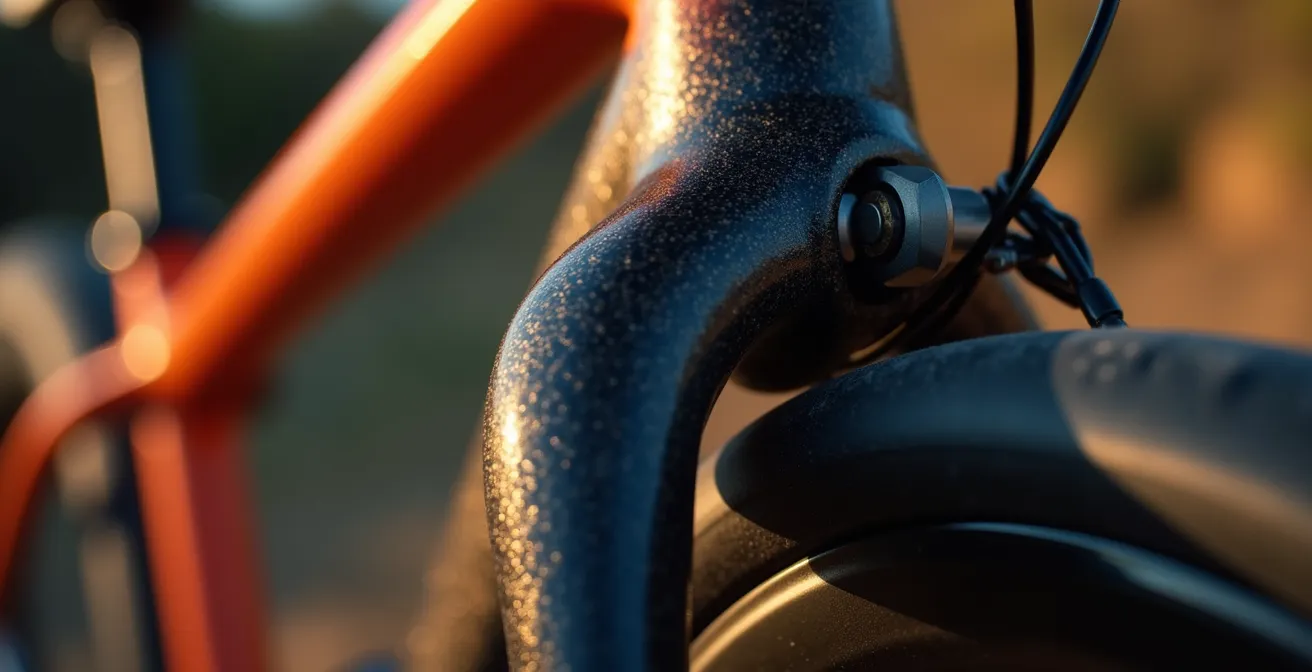 Extreme close-up of derailleur hanger attachment point on carbon frame