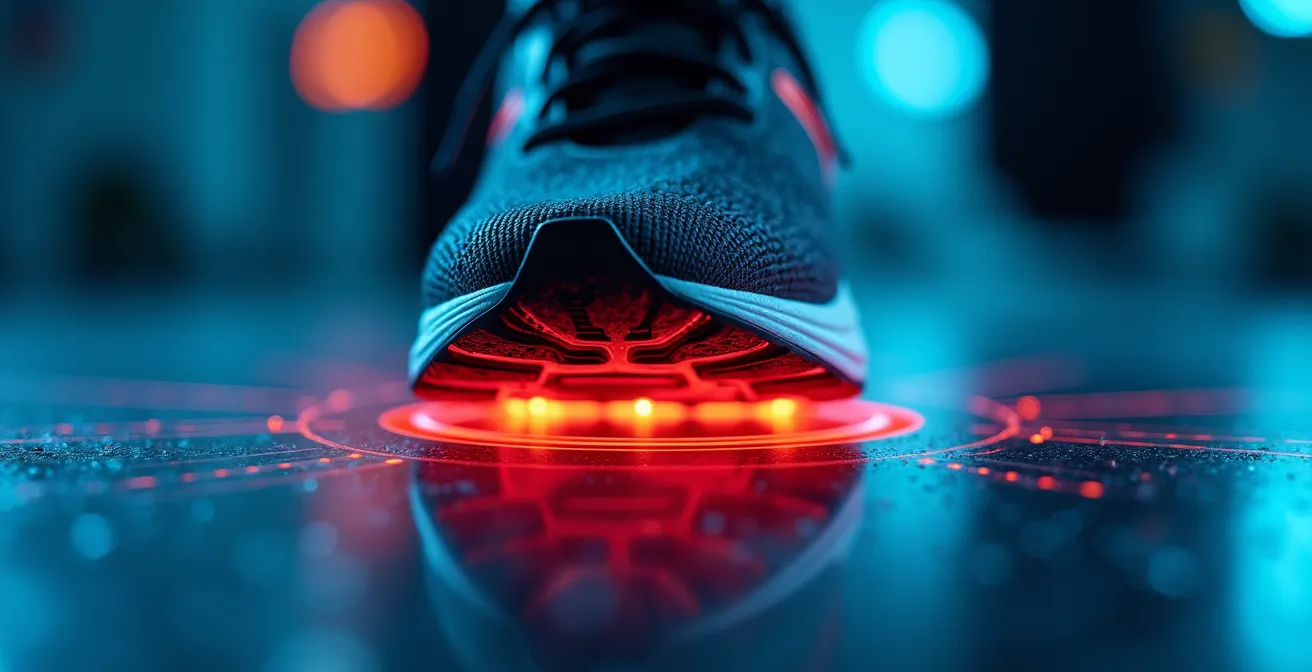 Extreme close-up of running shoe sole showing pressure patterns on force plate