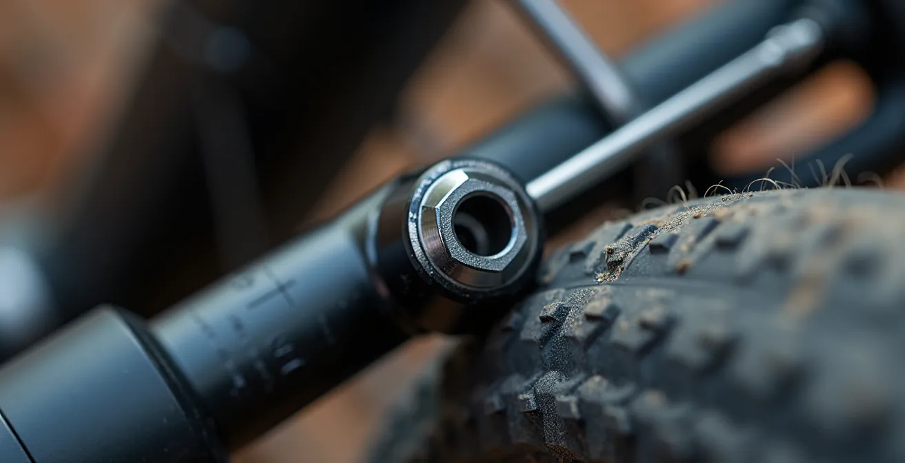 Close-up of measuring tire clearance with an Allen key tool, demonstrating a crucial step in a bike conversion.