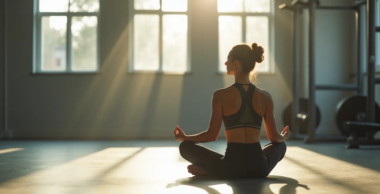 Mature athlete in meditation pose with workout equipment softly blurred in background