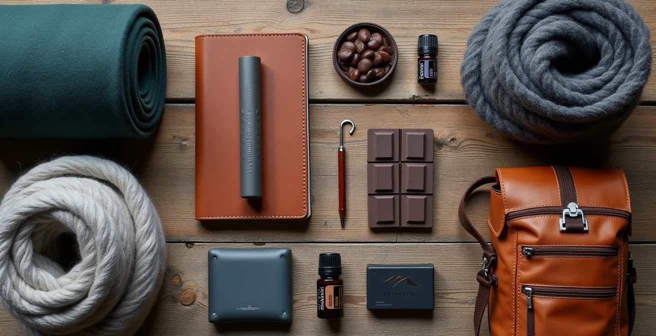 Organized hiking gear and dinner outfit arranged on a wooden surface
