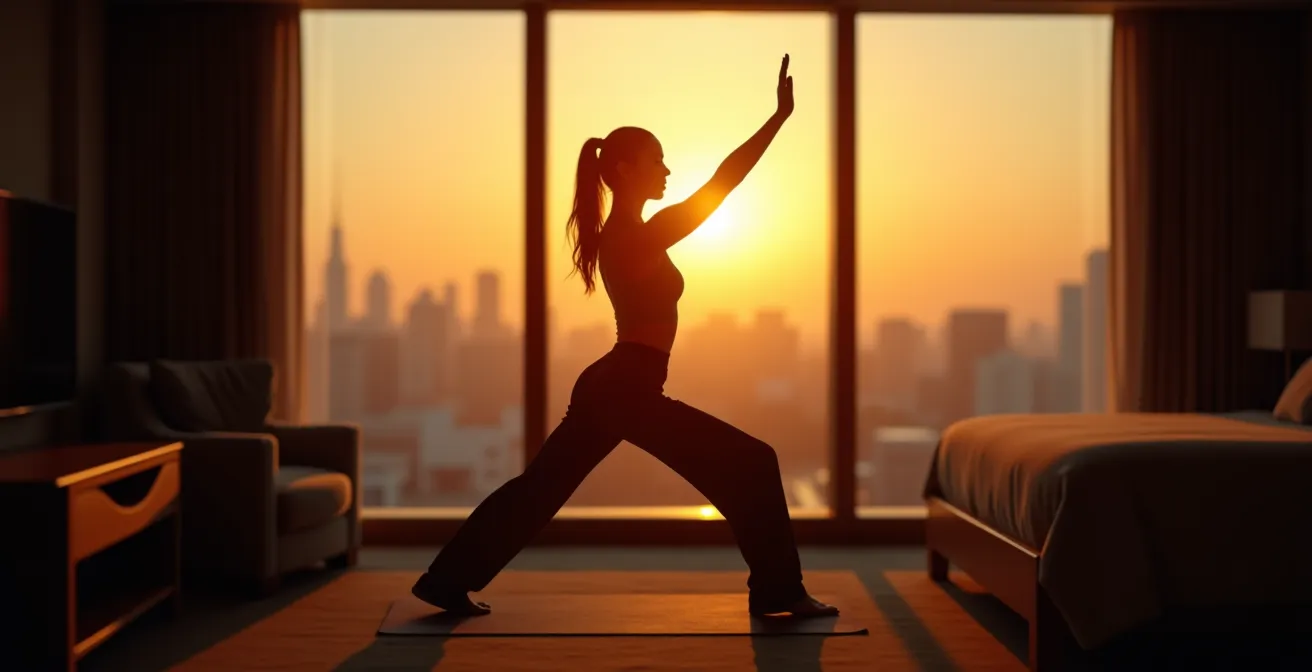 Business traveler silhouette stretching against sunrise through hotel window with cityscape