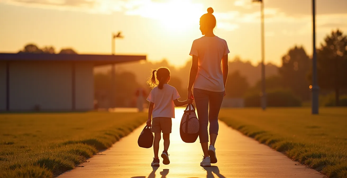 A parent and child walking side-by-side in relaxed conversation after a sports practice during a beautiful sunset.
