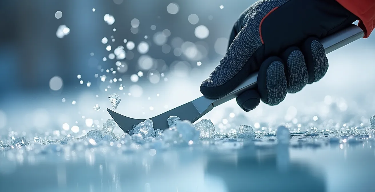 Close-up of ice axe placement showing pendulum swing technique