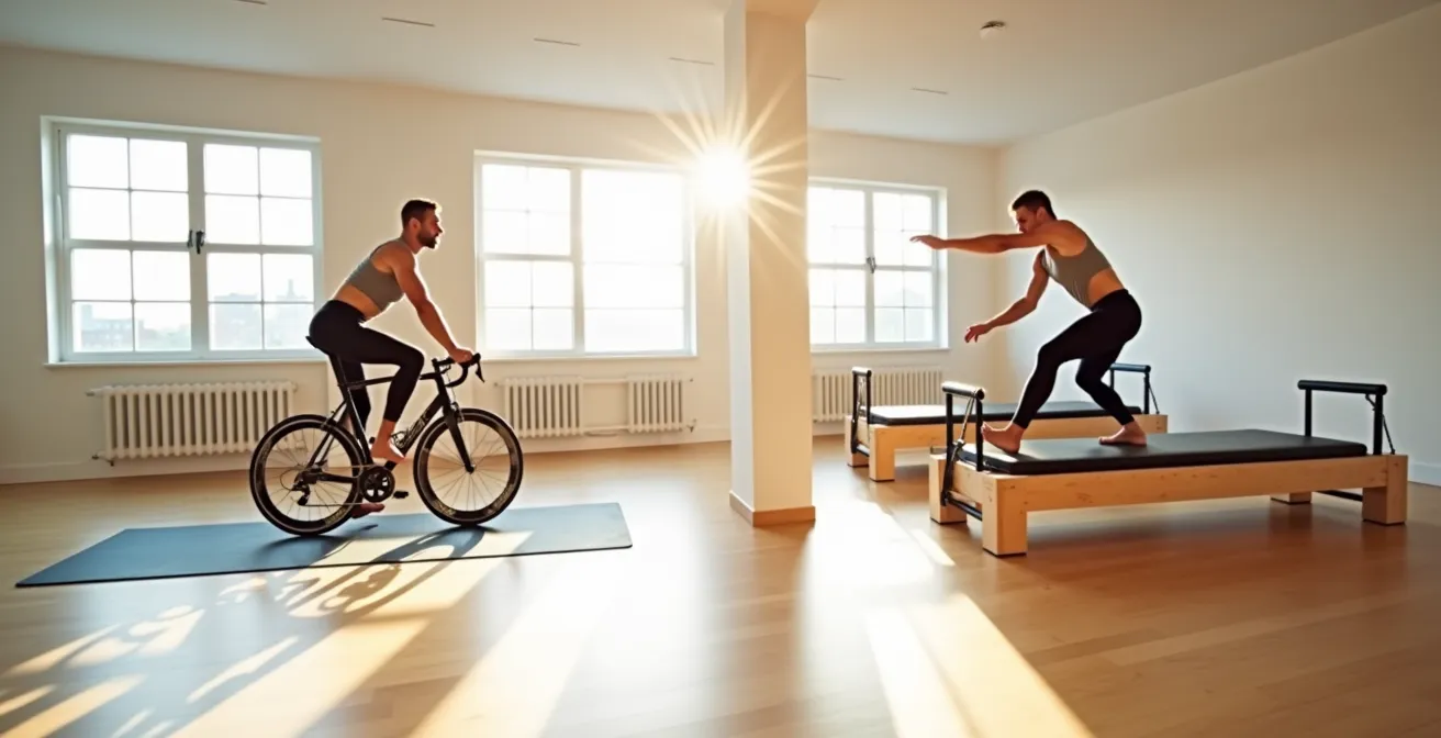 Split-screen comparison showing a cyclist performing a dead bug exercise on a mat and doing leg work on a Reformer machine.