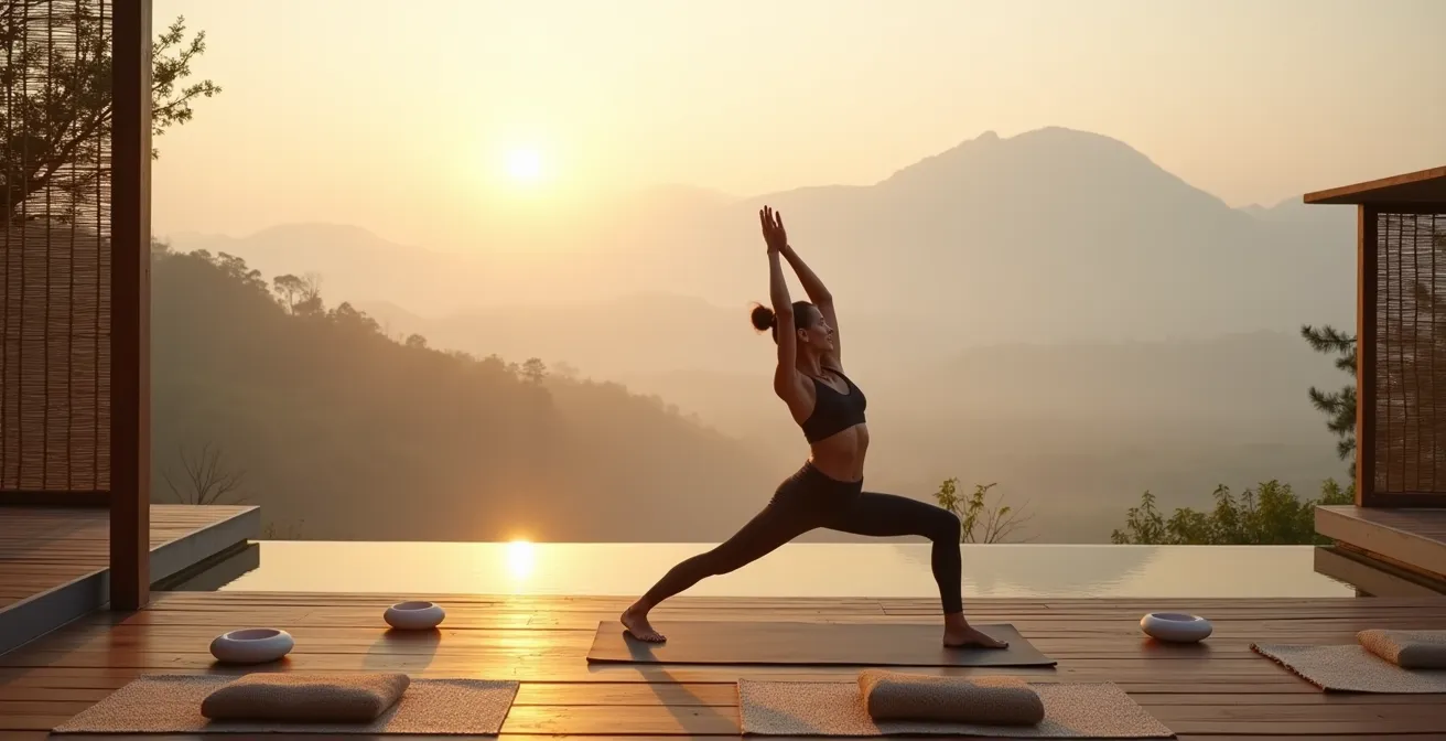 Yoga practice on a luxury villa terrace at sunrise with mountain views