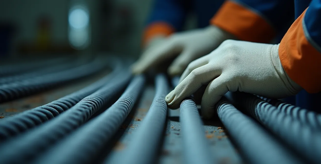 Hands performing tactile inspection on technical lines showing proper grip technique