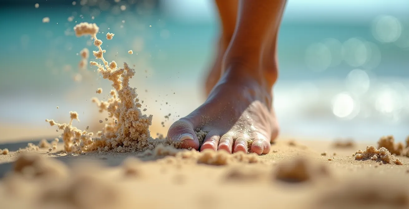 Close-up of runner's foot demonstrating proper midfoot strike technique on sand