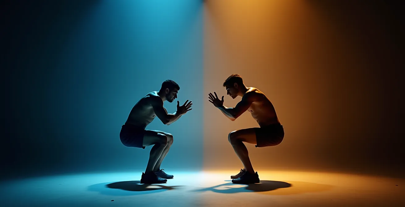 Split-screen comparison showing correct versus incorrect squat form with highlighted muscle groups