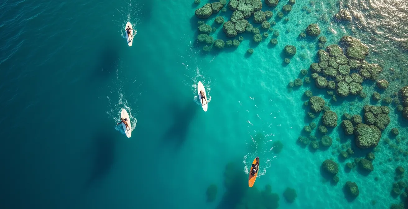 Aerial view of surfers positioned in reef break lineup showing channel and wave zones