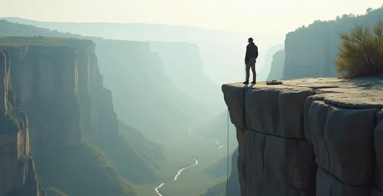 Rock climber assessing route conditions and calculating risk before descent