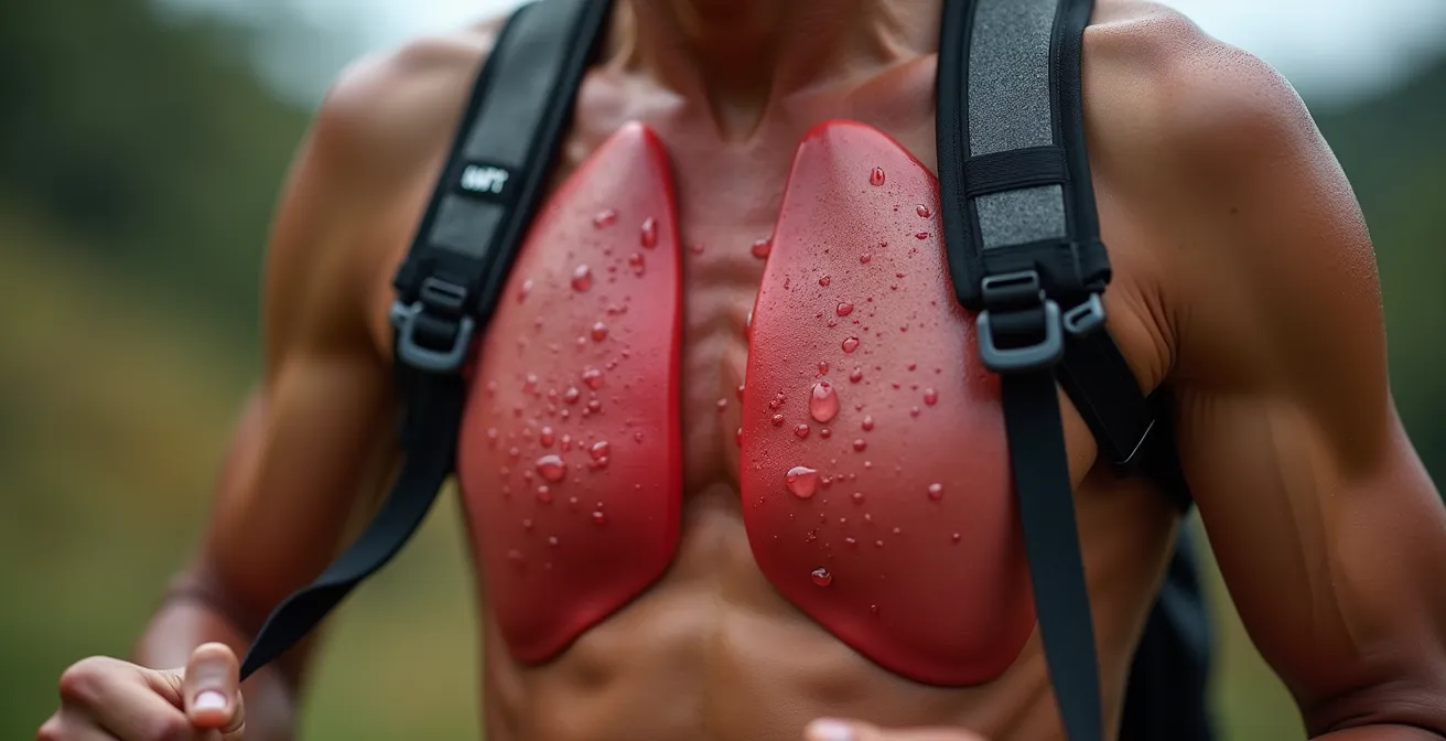 Close-up of runner's torso showing diaphragmatic breathing movement