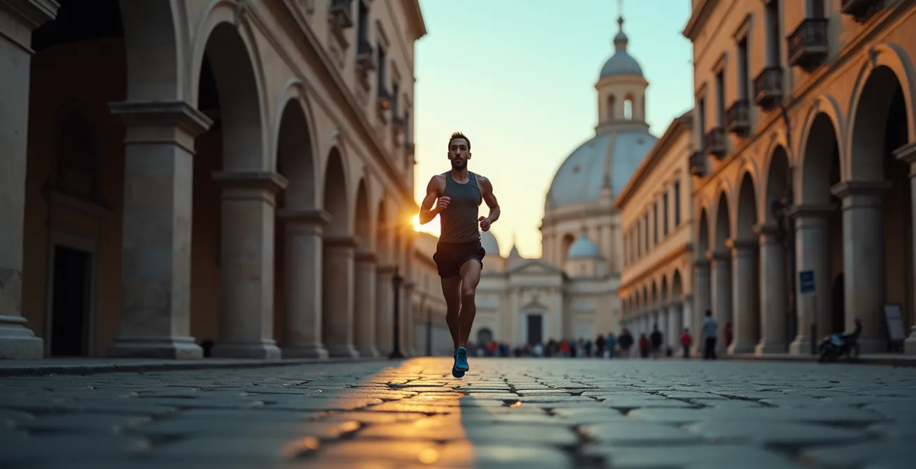 Runner on empty cobblestone street with historic architecture at sunrise