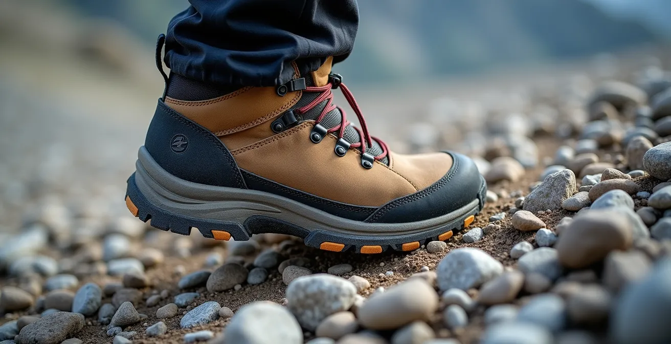 Close-up of hiking boot landing flat on loose scree with proper ankle position